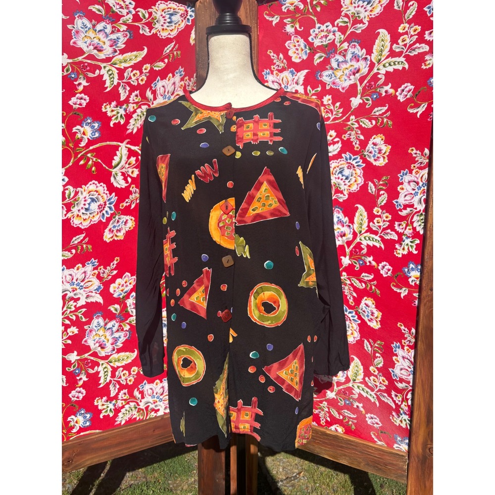 VTG 90's Art Teacher Phoebe Buffay Black Long Sleeve Party Printโ Blouse Size L